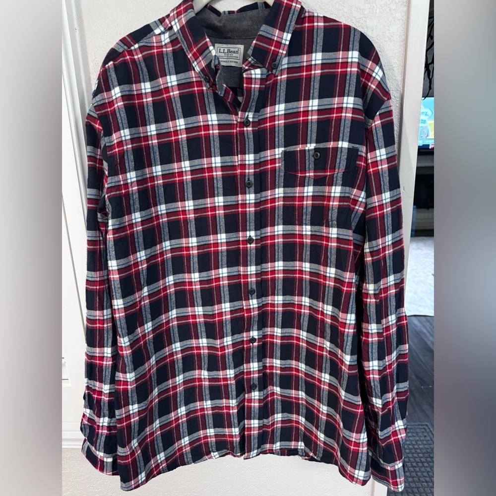 L.L. Bean Red and Navy Blue Flannel Button Down Shirt